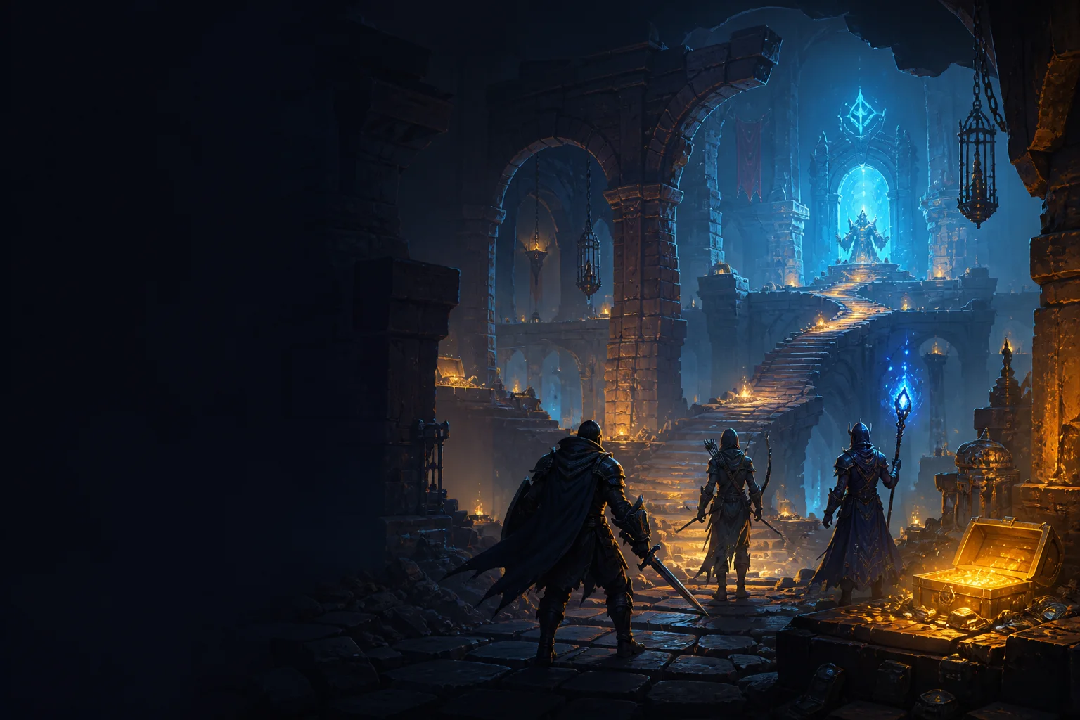 Three original fantasy adventurers entering a vast blue-and-amber dungeon with a glowing treasure chest